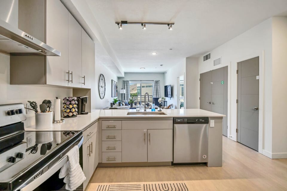 Full sized and fully stocked kitchen
