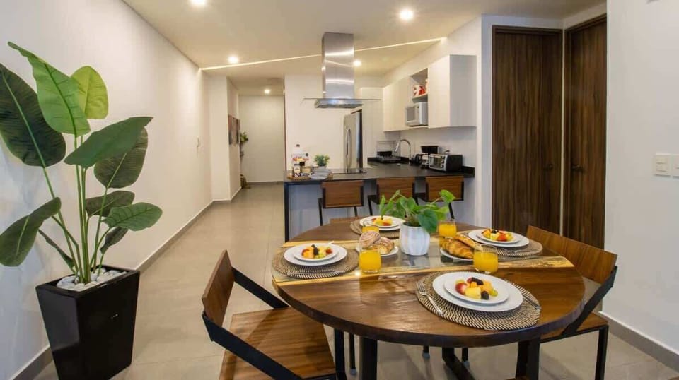 Everything flows together—the kitchen, dining area, and comfy sitting area