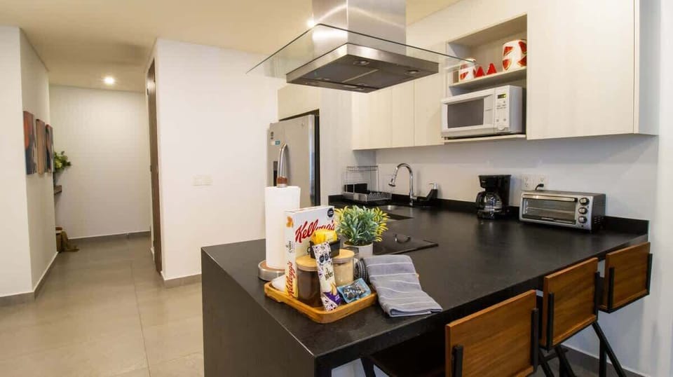 Our kitchen has all the basics to prepare a simple meal at home