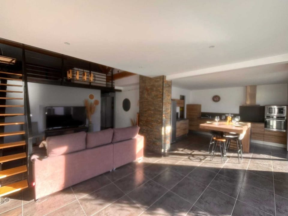 Large air-conditioned living room with kitchen and lounge