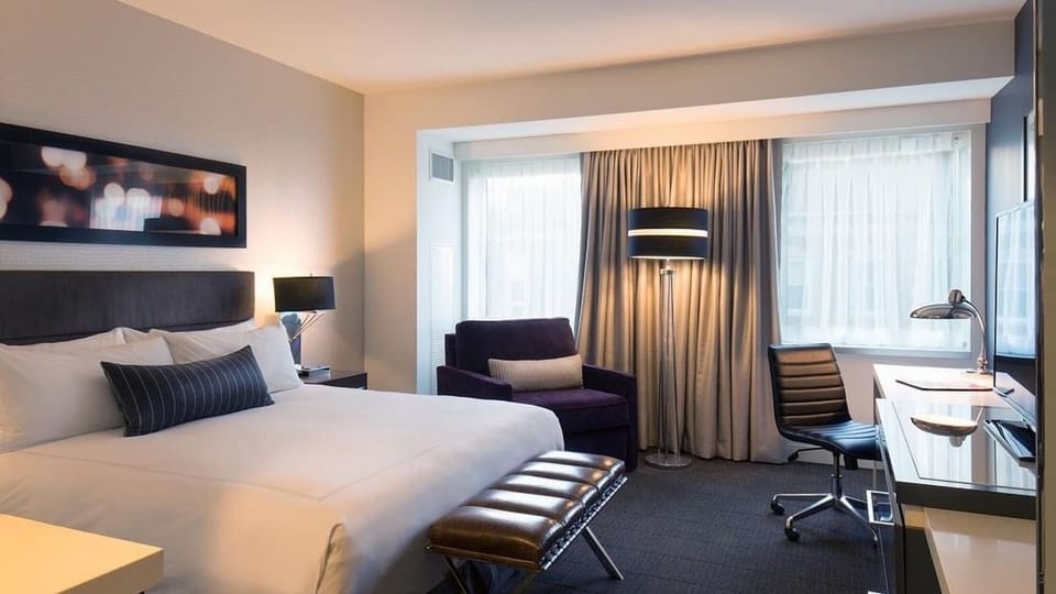 Unwind in a bright room with cozy bed and workspace.