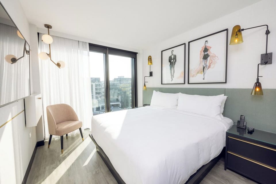 Stretch out in a bright, modern room with cozy seating.