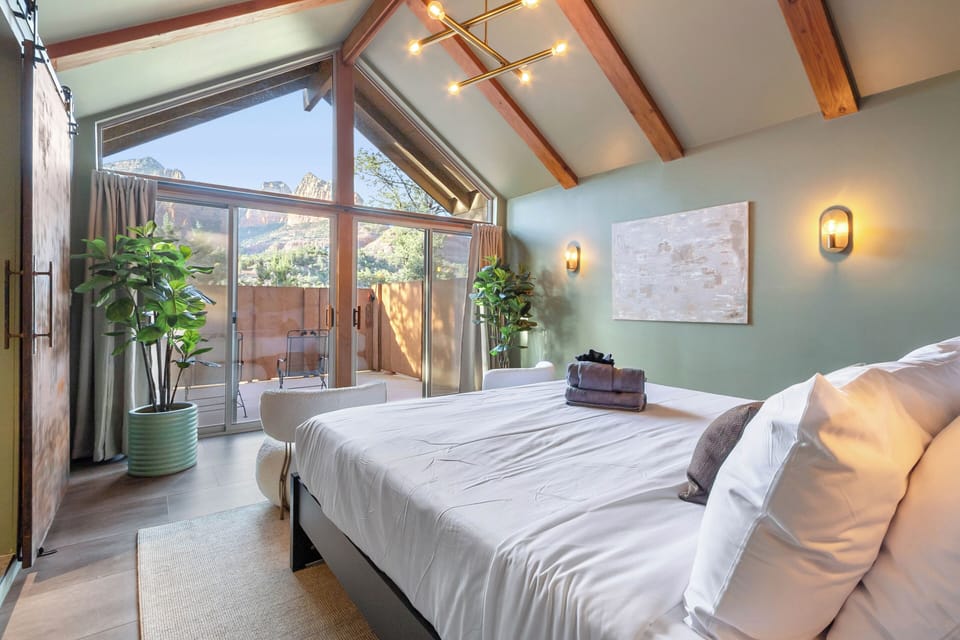Primary king room with unmatched Redrock view. Upscale-Luxury meets quaint boutique styled space.