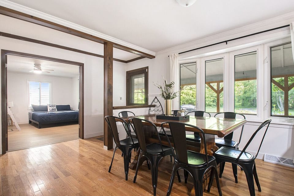 Bay window in the dining room looks out onto the front porch