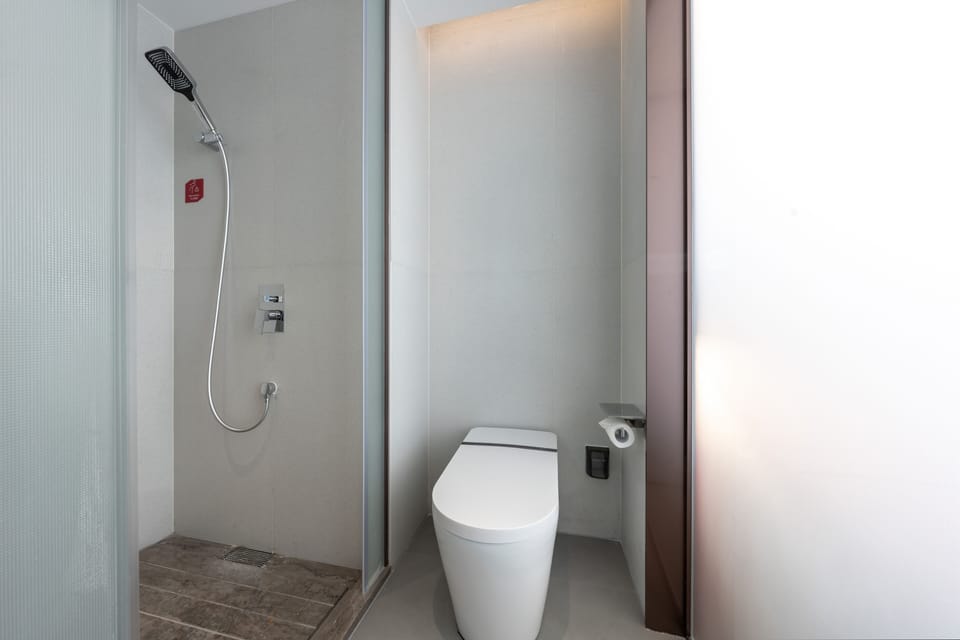 Bishan king room | Bathroom | Shower, hair dryer, slippers, towels
