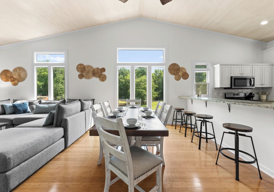 View of dining and kitchen areas with open flow layout.