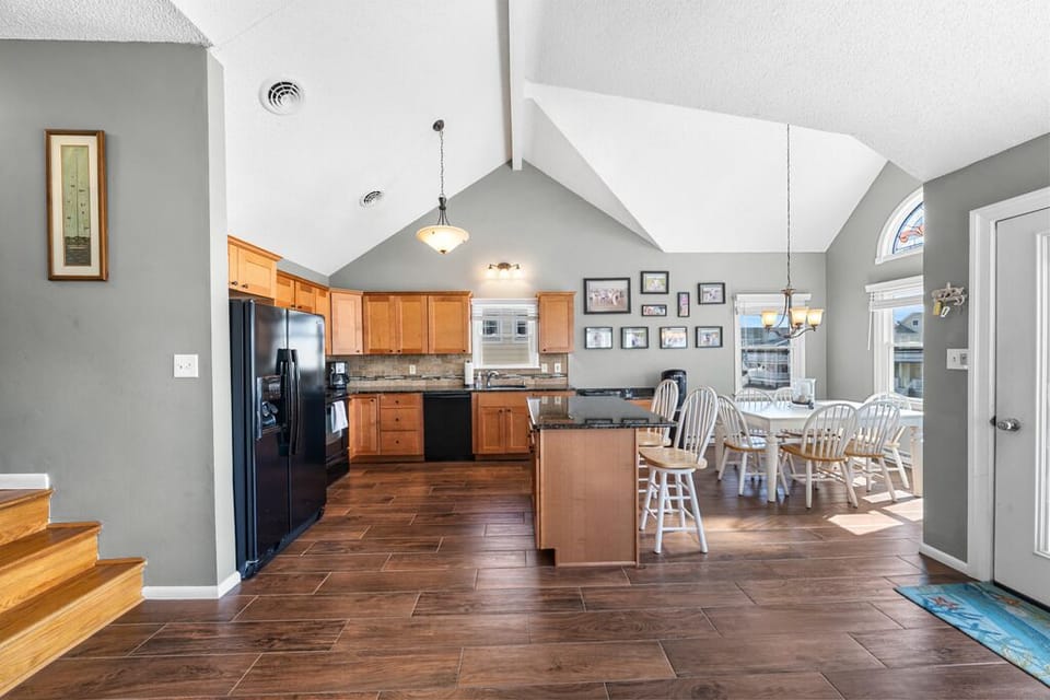 Open kitchen with comfortable seating.
