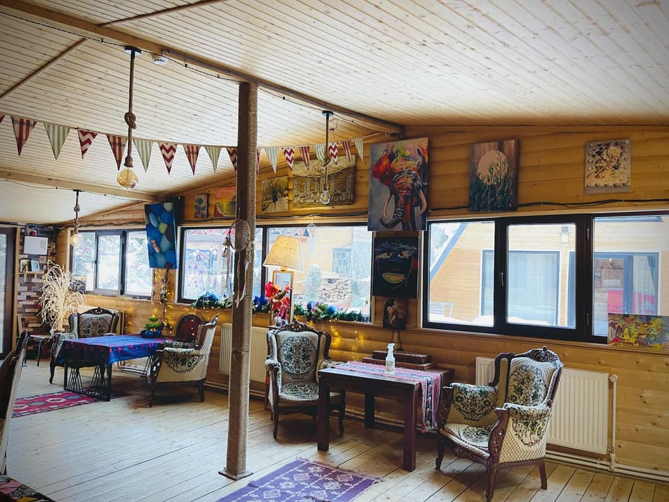 Basic Cabin, Balcony, Garden View | Living area | Flat-screen TV, fireplace