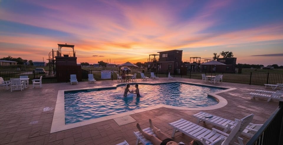 Golden hour at Station on the Vines 🍷
Relax by the pool and enjoy peaceful Texas wine country—just minutes from Fredericksburg wineries.