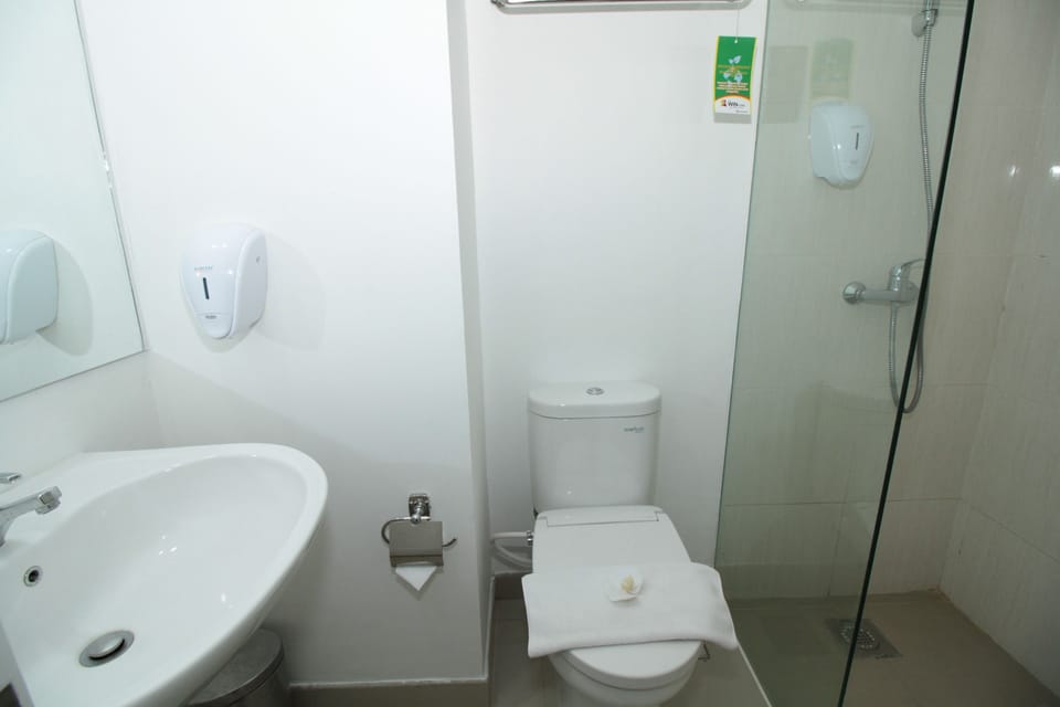 Shower, free toiletries, slippers, towels