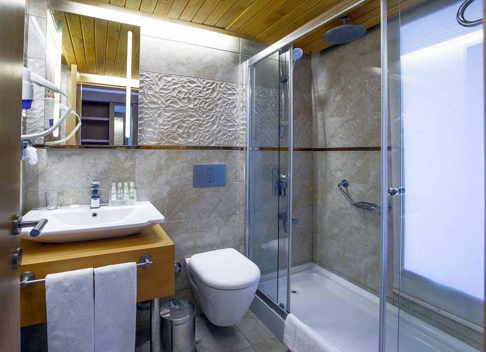Family Room | Bathroom | Shower, hair dryer, slippers, towels