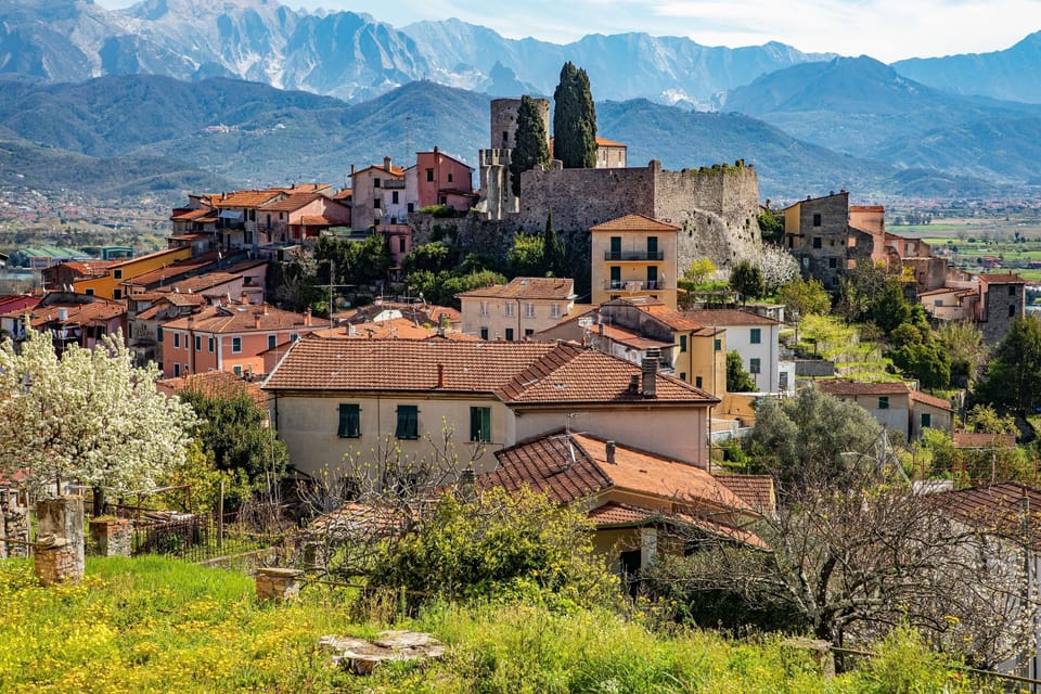 Panoramic view of Ameglia with the Apuan Alps in the background