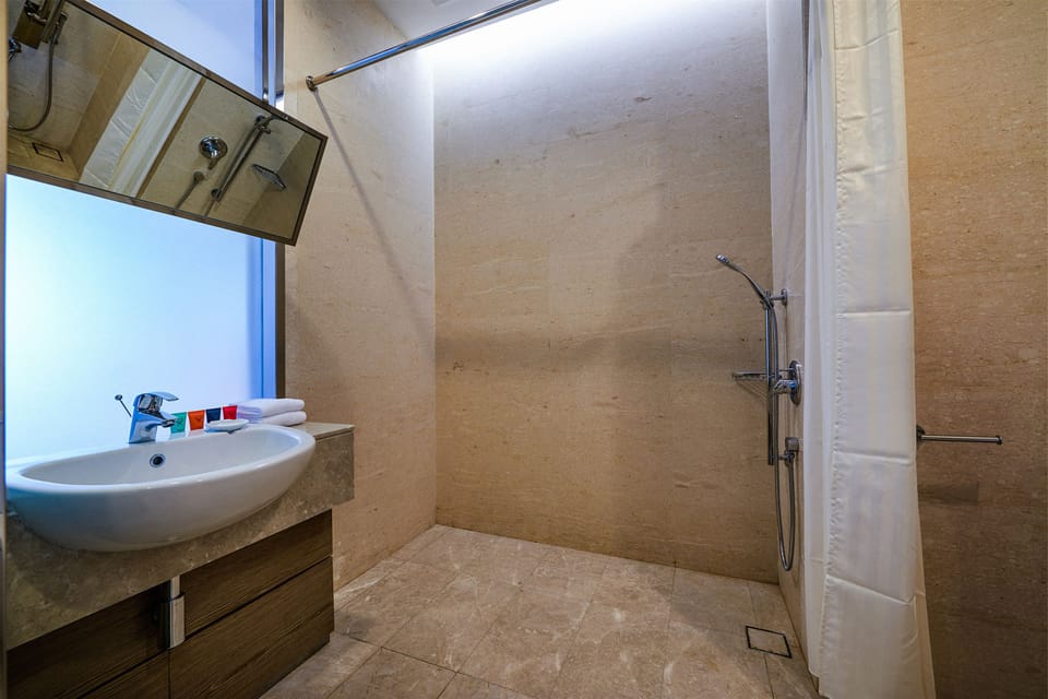 Shower, free toiletries, hair dryer, bathrobes