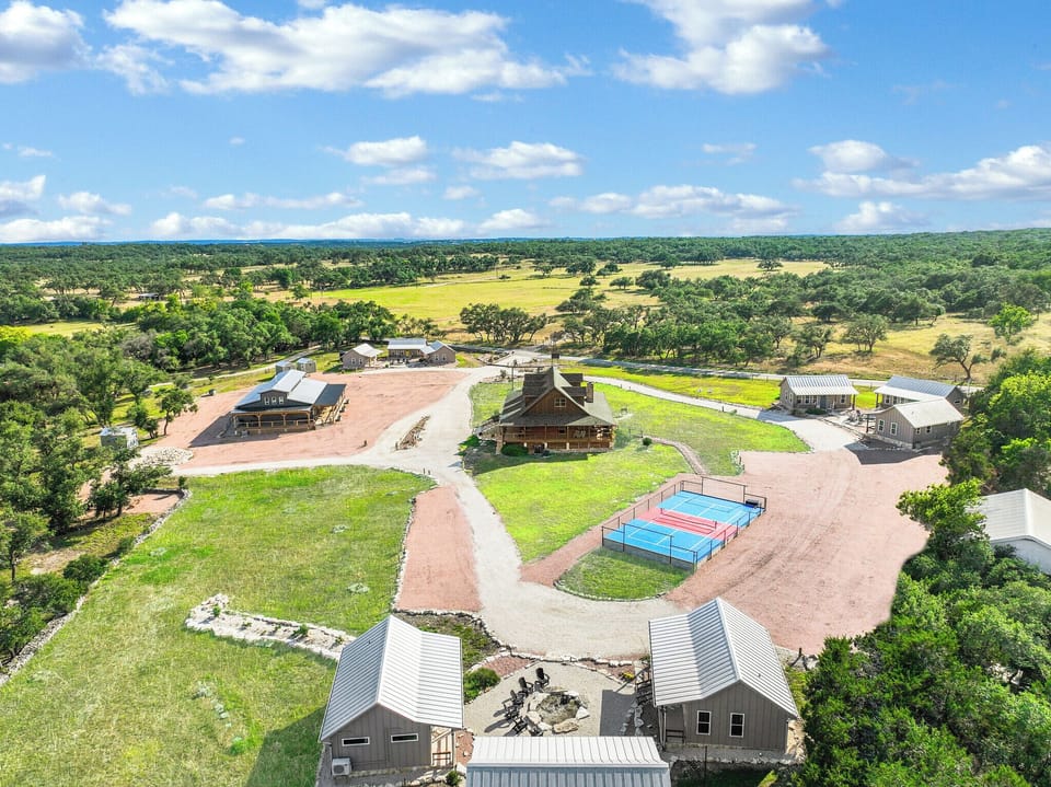 Aerial view of the RusTx Ranch complex.  Cabin number one is in the cluster of three cabins in the upper right part of the picture.