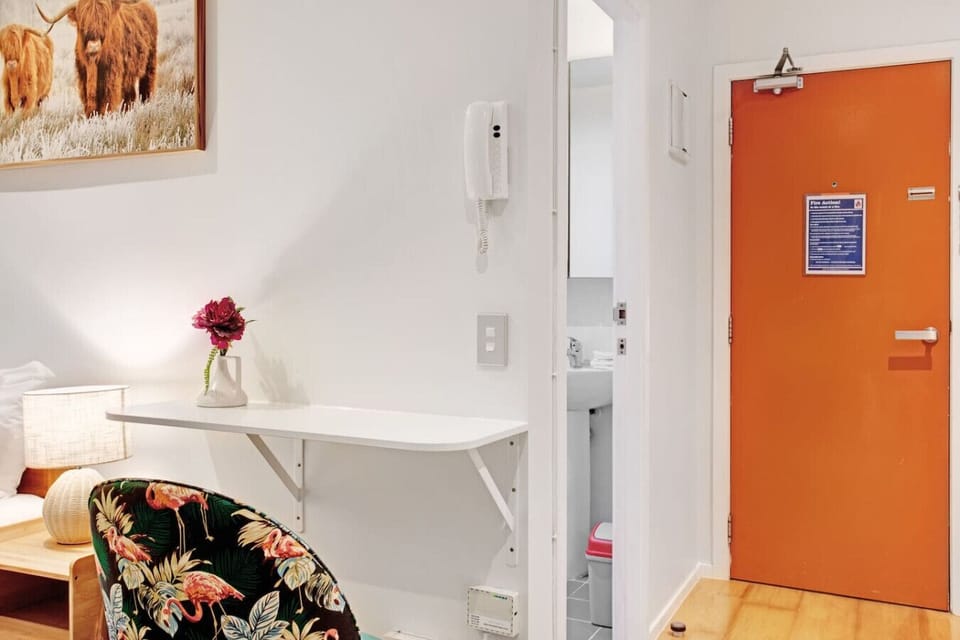 The bathroom is opposite the kitchen allowing more living space where needed.