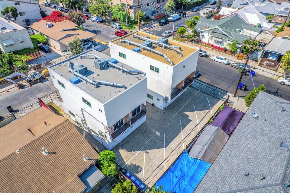 Bird’s-eye perspective highlighting the modern building design.