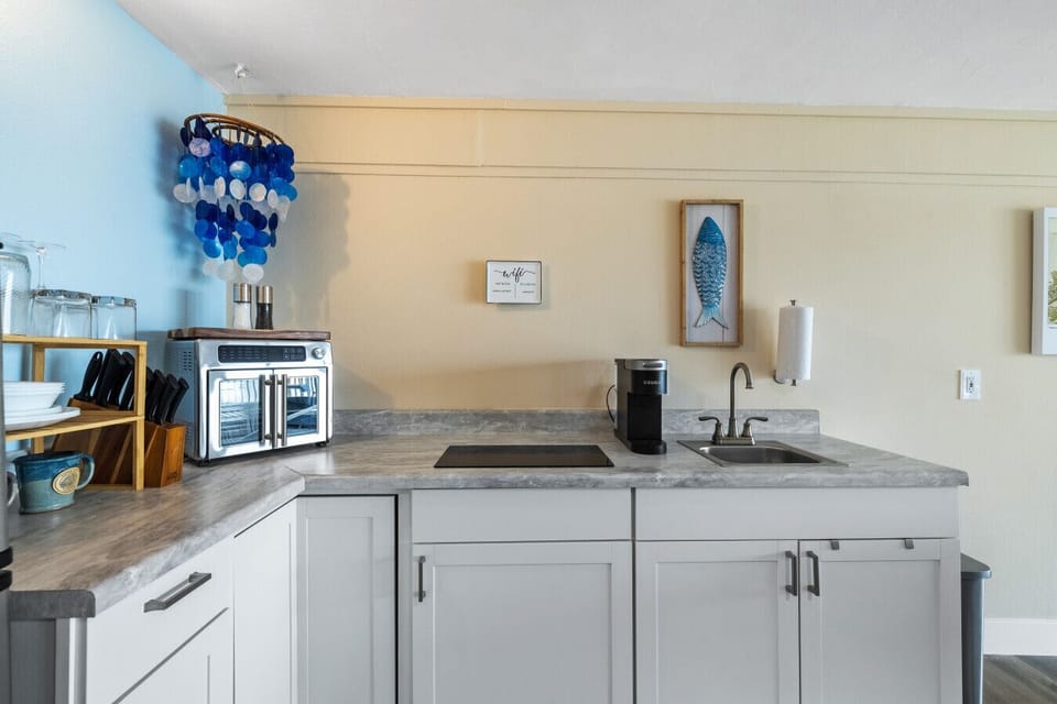 Kitchen with 2 burner stove and drip coffee (no oven)