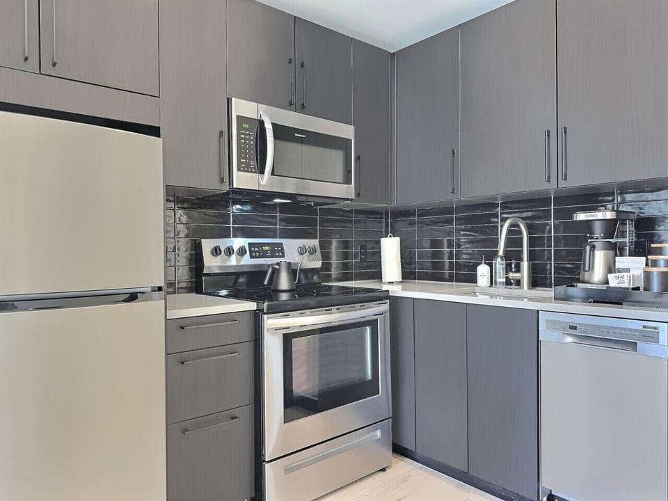 Fully equipped modern kitchen featuring stainless appliances in a furnished apartment.