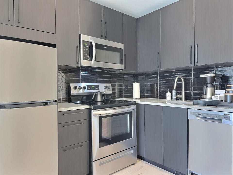 Fully equipped modern kitchen featuring stainless appliances in a furnished apartment.