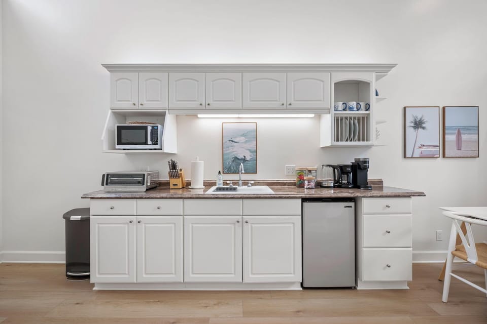 Modern kitchen with sleek mini fridge
