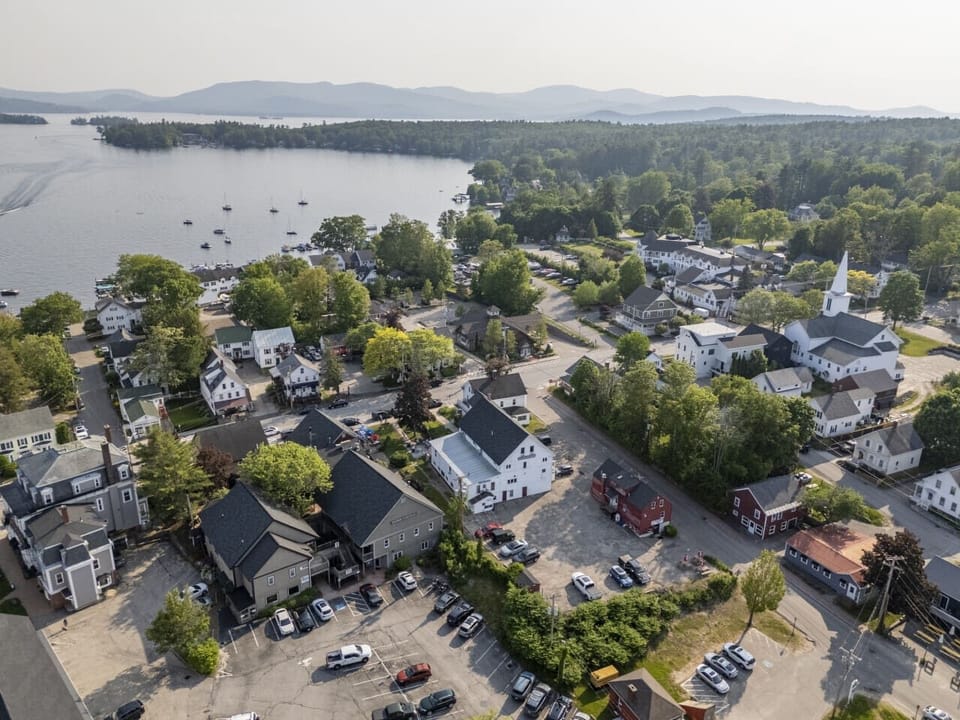 Aerial view showcasing the quiet residential area near the heart of Wolfeboro
