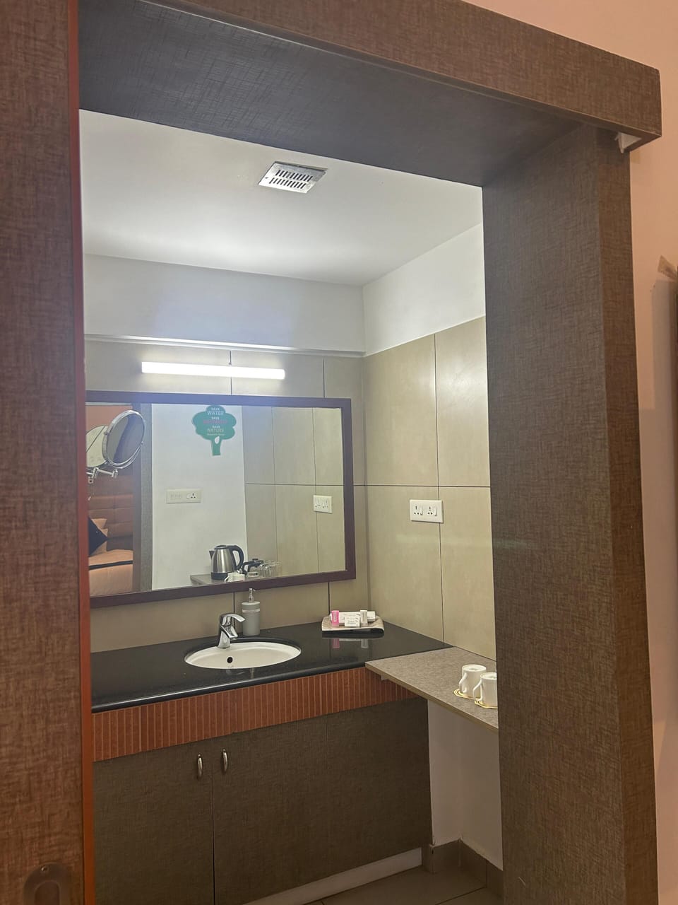 Shower, slippers, towels, soap