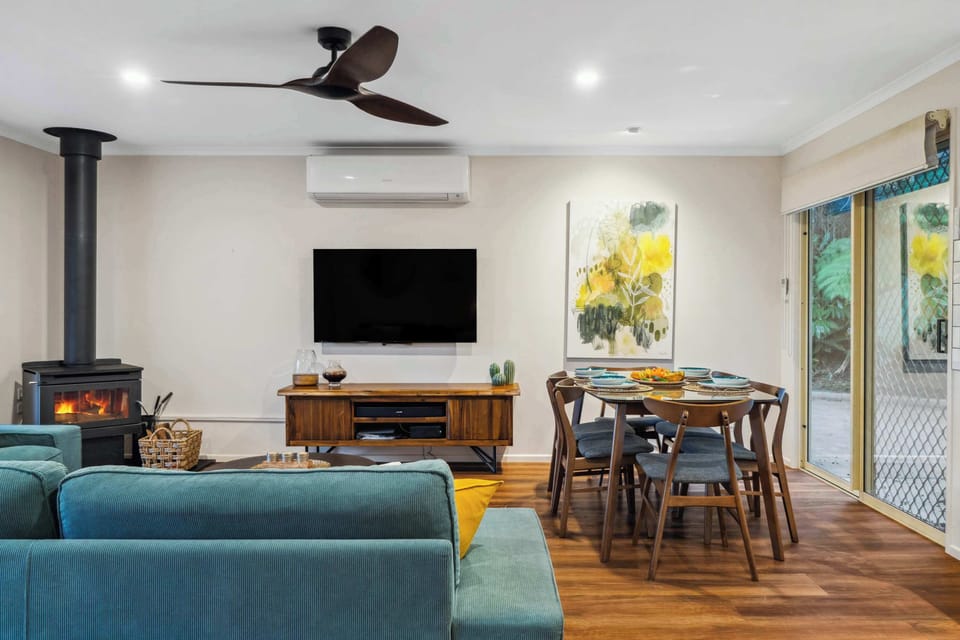 Wood burning fireplace creating a warm and welcoming atmosphere during cooler months