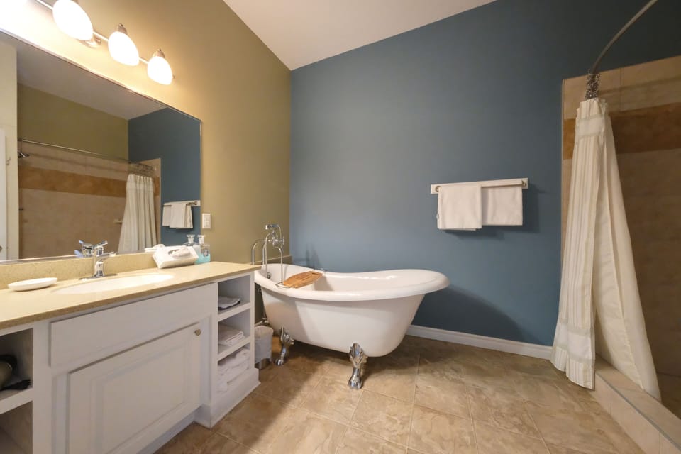Separate tub and shower, hair dryer, towels, soap