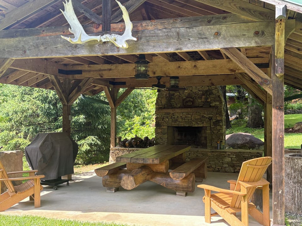 Picnic shelter with grill and fireplace, propane and wood provided