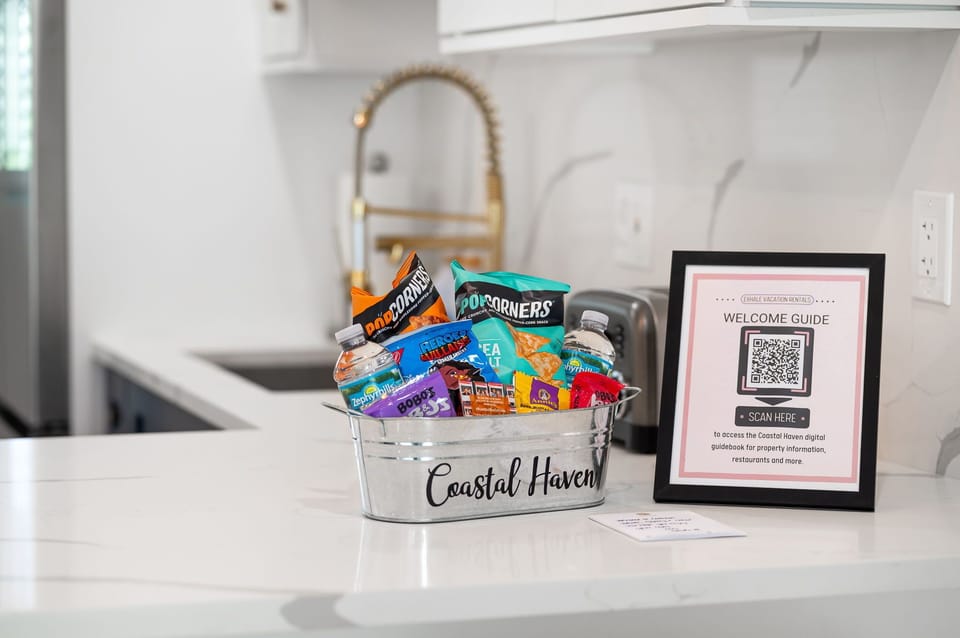 Complimentary welcome basket with snacks, water bottles, and local treats upon arrival.