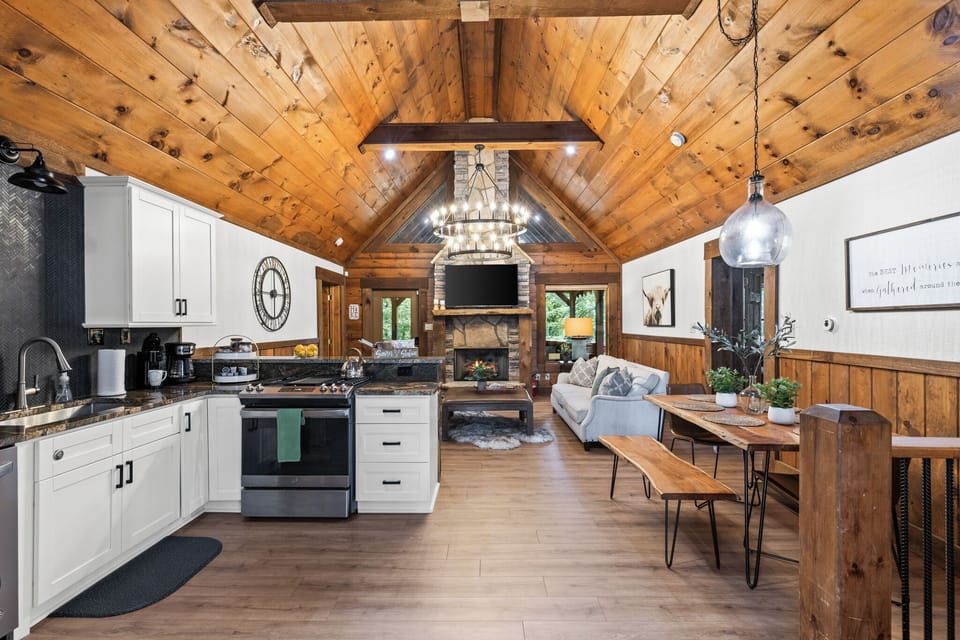 The open kitchen: refined yet rustic, where morning brews meet mountain air.