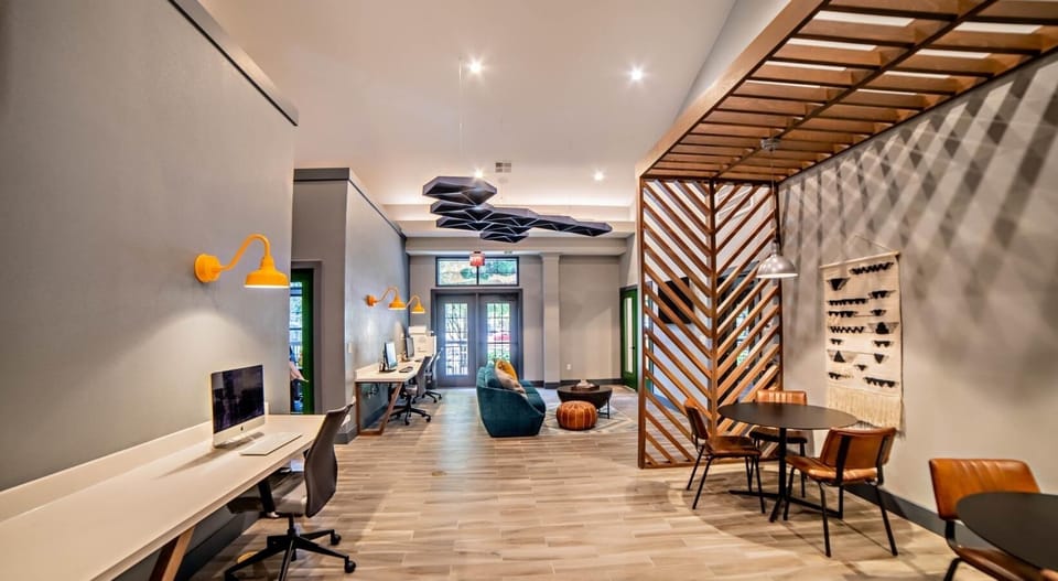 A warm flexible space in the clubhouse for working or spending time with friends