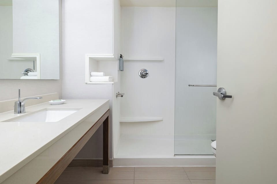 Combined shower/tub, free toiletries, hair dryer, towels