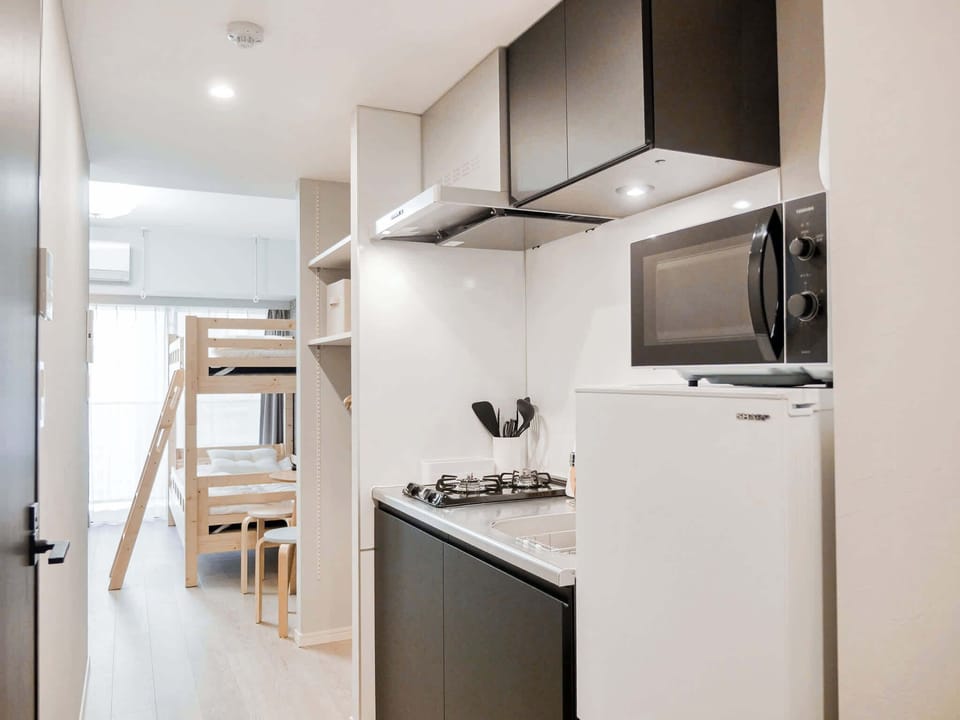 Fridge, microwave, cookware/dishes/utensils, ice maker