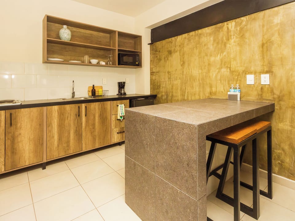 Fridge, microwave, dishwasher, cookware/dishes/utensils