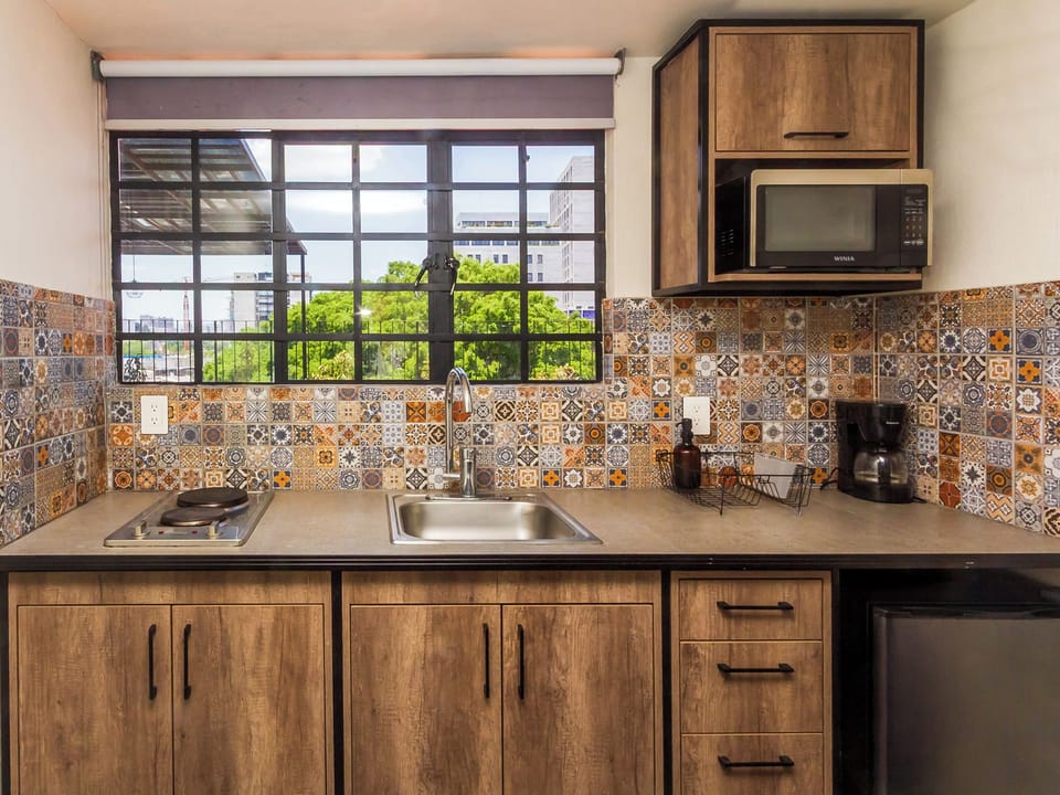 Fridge, microwave, dishwasher, cookware/dishes/utensils