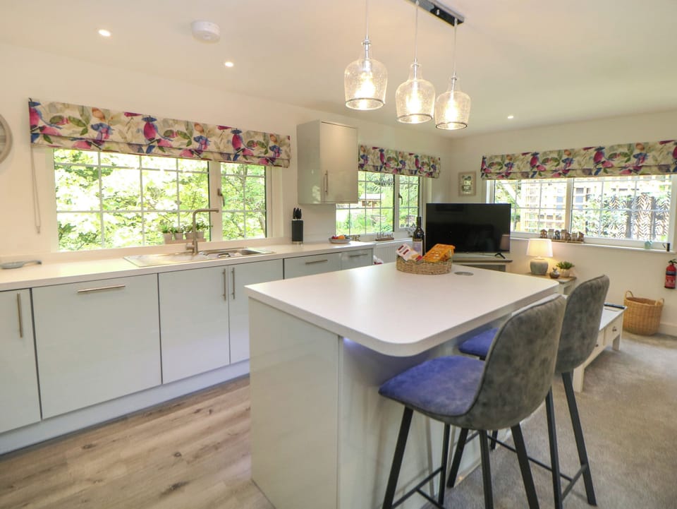 Fridge, microwave, dishwasher, cookware/dishes/utensils