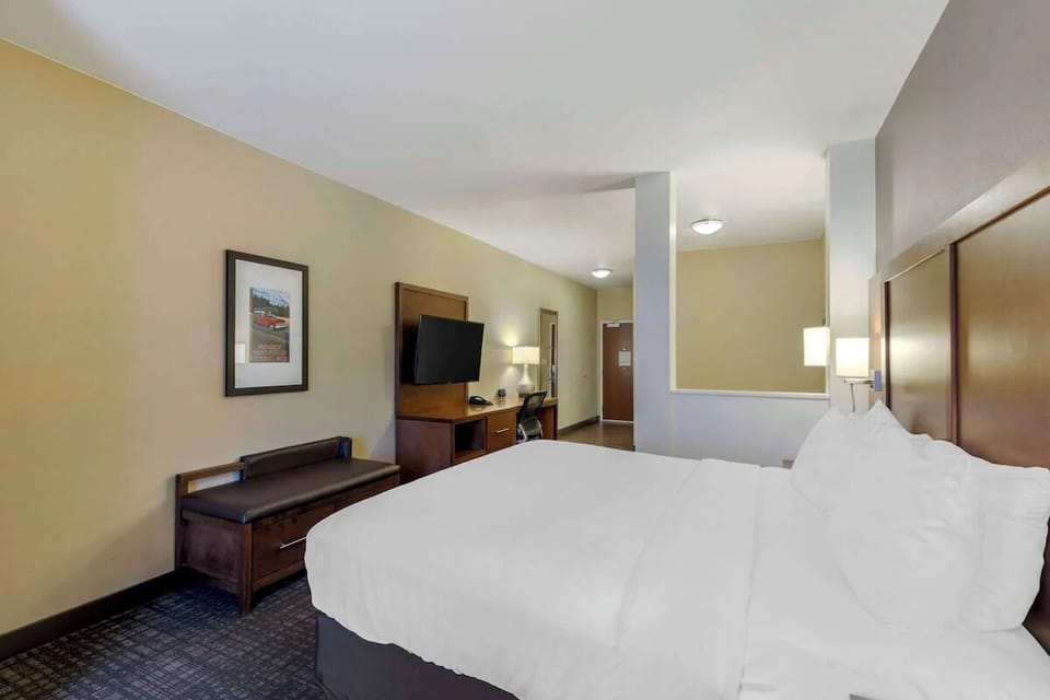 Recharge in a calm, open room with easy entertainment.