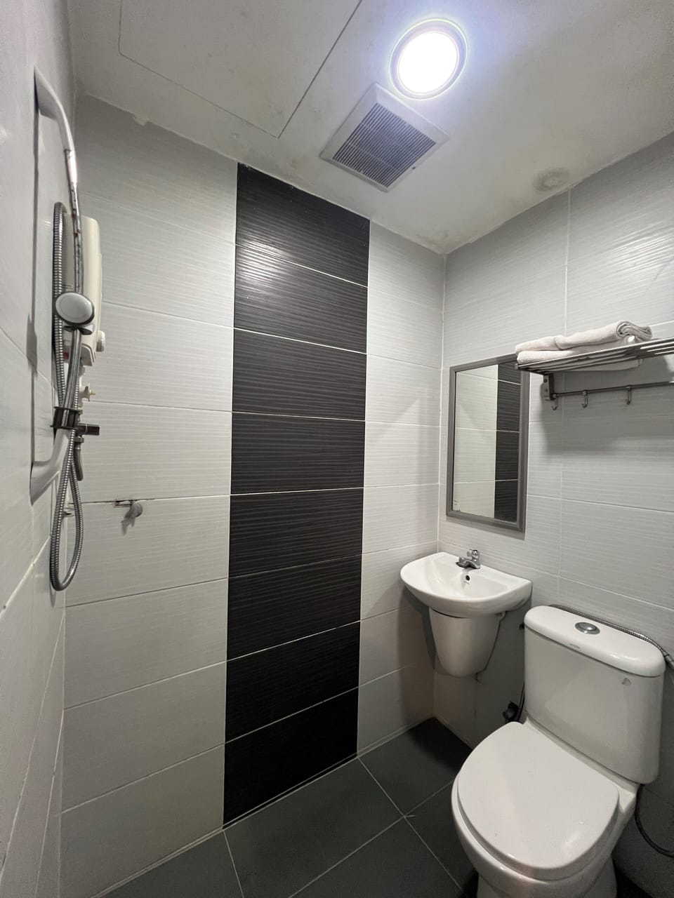 Hair dryer, towels, soap, shampoo