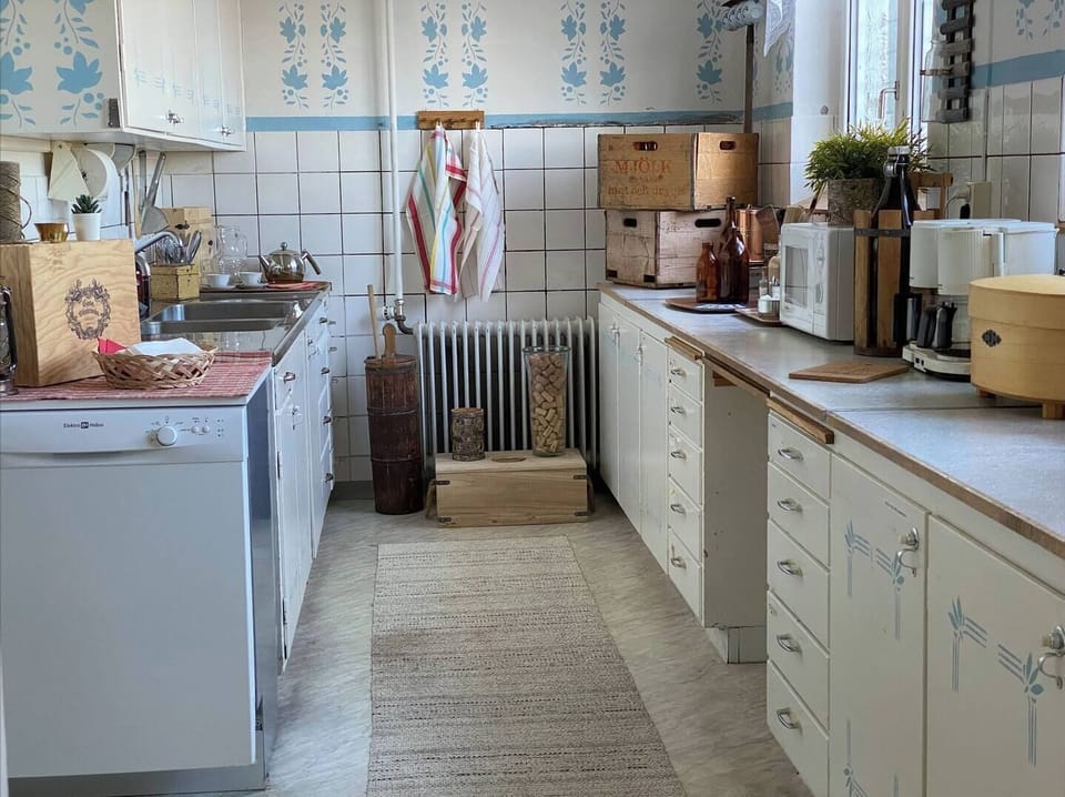 Full-size fridge, microwave, oven, stovetop