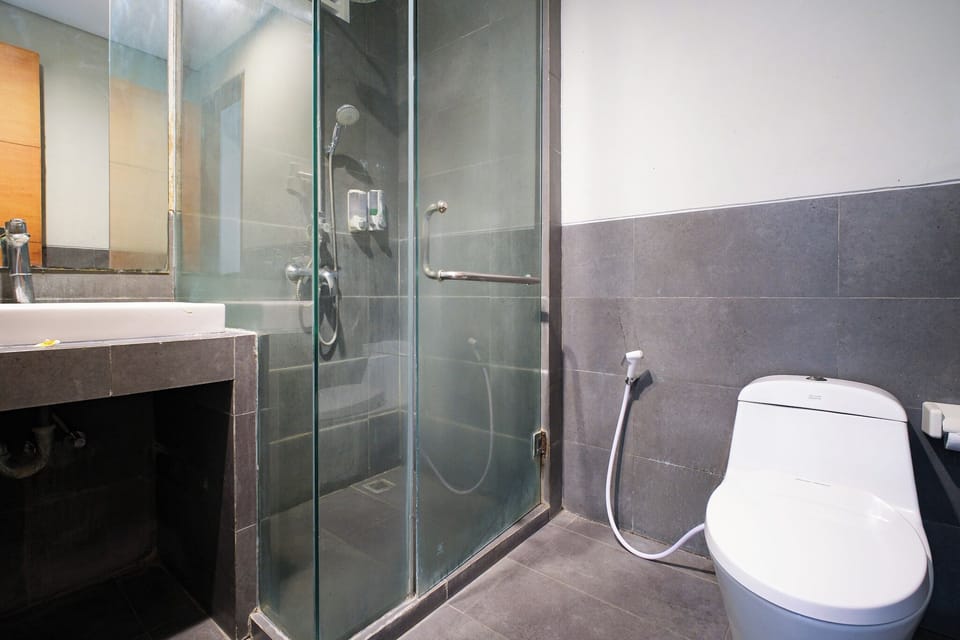 Shower, free toiletries, hair dryer, slippers