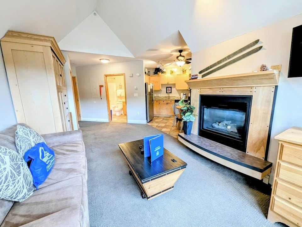 Relax by the gas fireplace on a snowy day