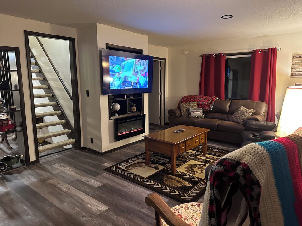 Relax with a movie and a fire with your group.