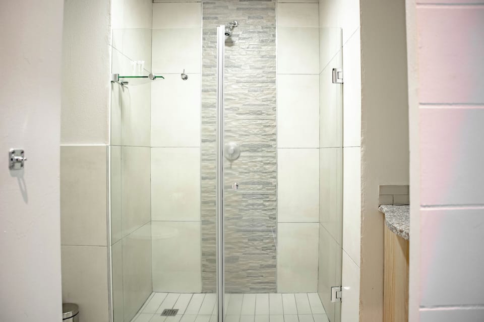 Shower, free toiletries, towels, soap