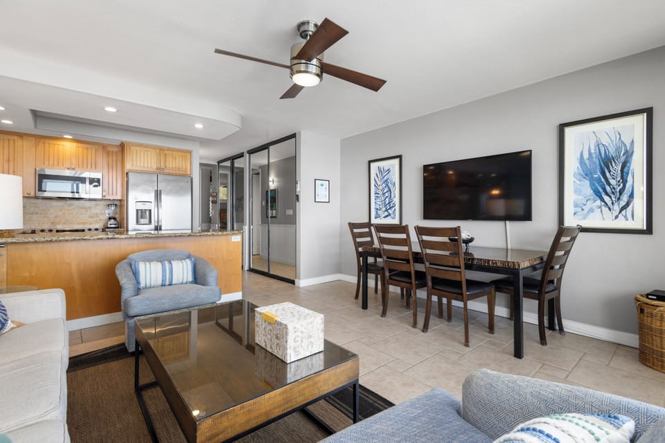 Relax in your bright, open living space with ceiling fan, fully equipped kitchen, and dining for six—all the comforts of home for your perfect getaway.