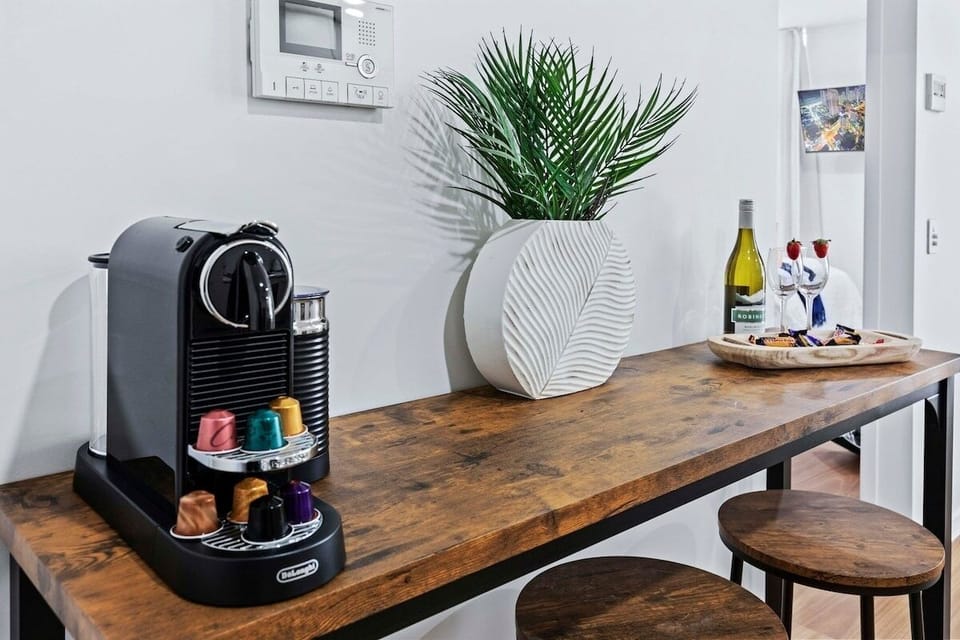 Nespresso machine provided, with starter pods.