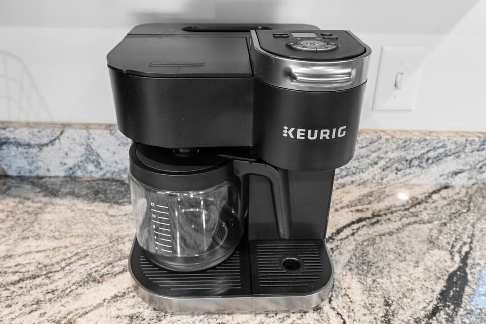 A Keurig Duo is provided. Guests can enjoy standard coffee or K-cups.