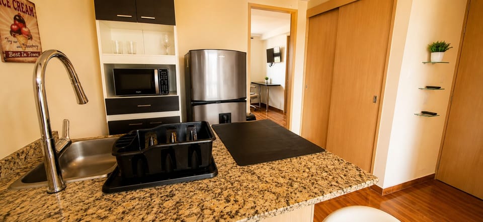 Full-size fridge, microwave, stovetop, rice cooker