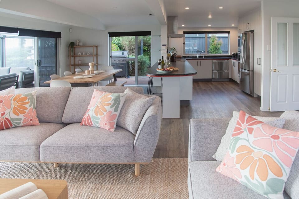 Open plan kitchen, living, dining areas