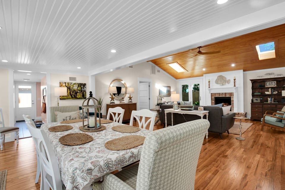 The dining room table has seating for 6 to 8 guests